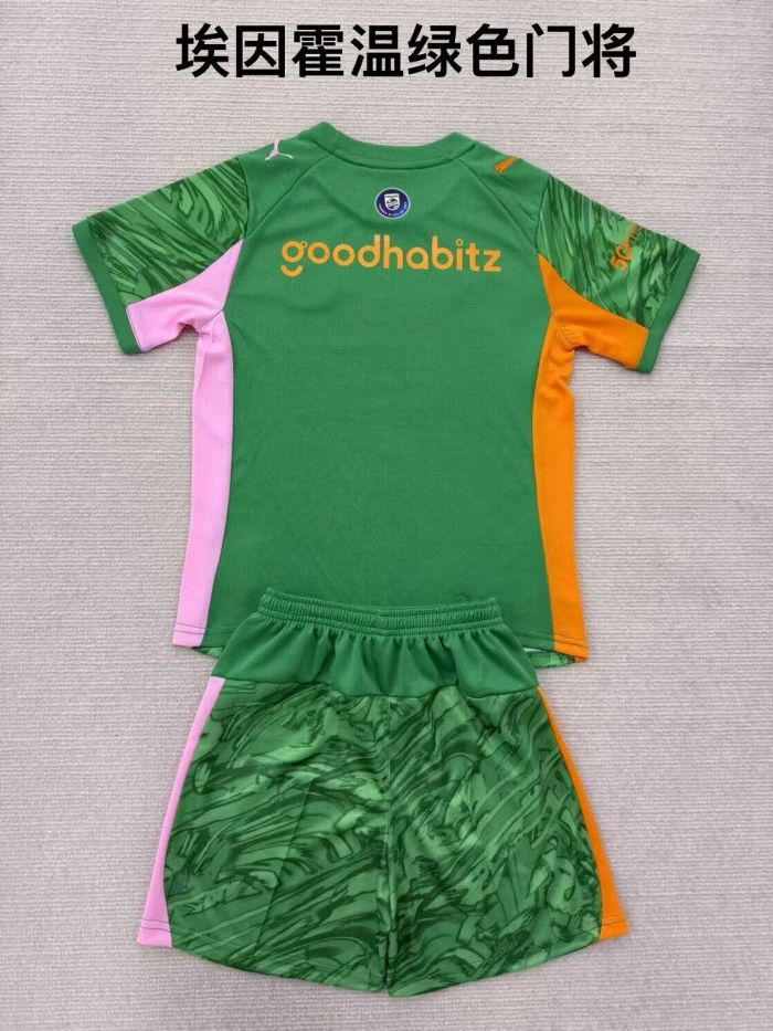 Youth Uniform Kids Kit 2025-2026 PSV Eindhoven Green Goalkeeper Soccer Jersey Shorts Child Football Set