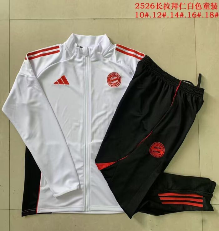 Youth 2025-2026 Bayern Munich White/Red Soccer Training Jacket Football Jacket and Pants