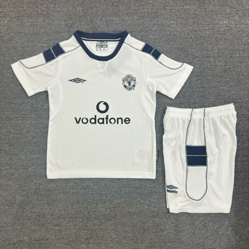 Retro Youth Uniform Kids Kit 2000-2001 Manchester United Away White Soccer Jersey Shorts Vintage Child Football Set