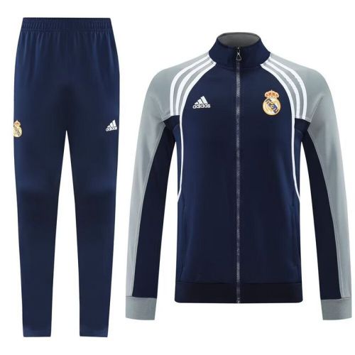 Retro Model 2025-2026 Real Madrid Dark Blue/Grey Soccer Training Jacket and Pants Football Tracksuit