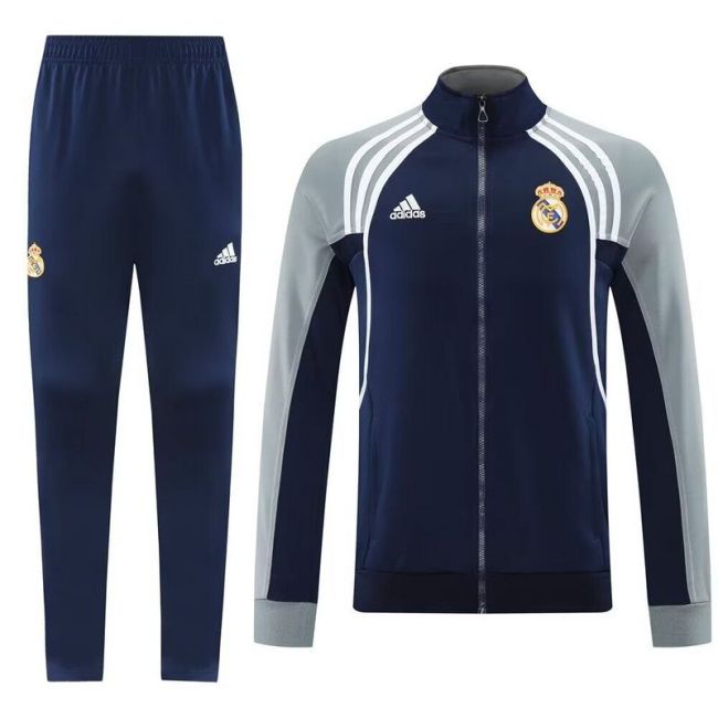 Retro Model 2025-2026 Real Madrid Dark Blue/Grey Soccer Training Jacket and Pants Football Tracksuit