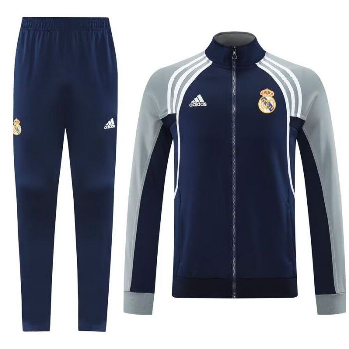 Retro Model 2025-2026 Real Madrid Dark Blue/Grey Soccer Training Jacket and Pants Football Tracksuit