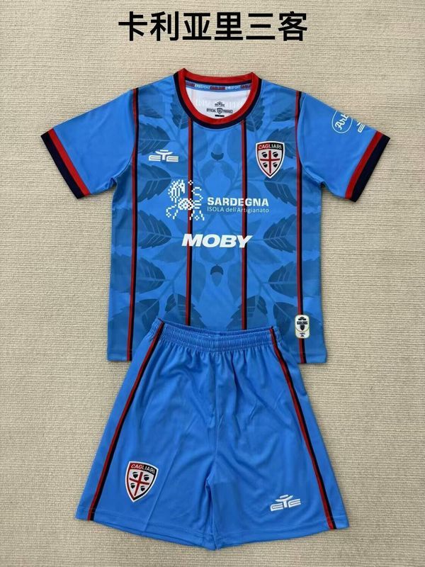 Youth Uniform Kids Kit 2025 Cagliari Third Away Blue Soccer Jersey Shorts Child Football Set