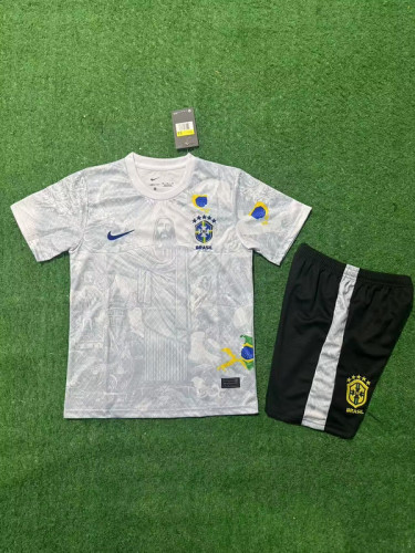 Youth Uniform Kids Kit 2025 Brazil White Jesues Version Soccer Jersey Shorts Child Football Set
