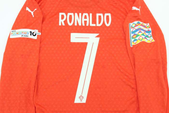 with Front Lettering+UEFA Nations League Patch Long Sleeve Fan Version Portugal 2025 RONALDO 7 Home Soccer Jersey Football Shirt