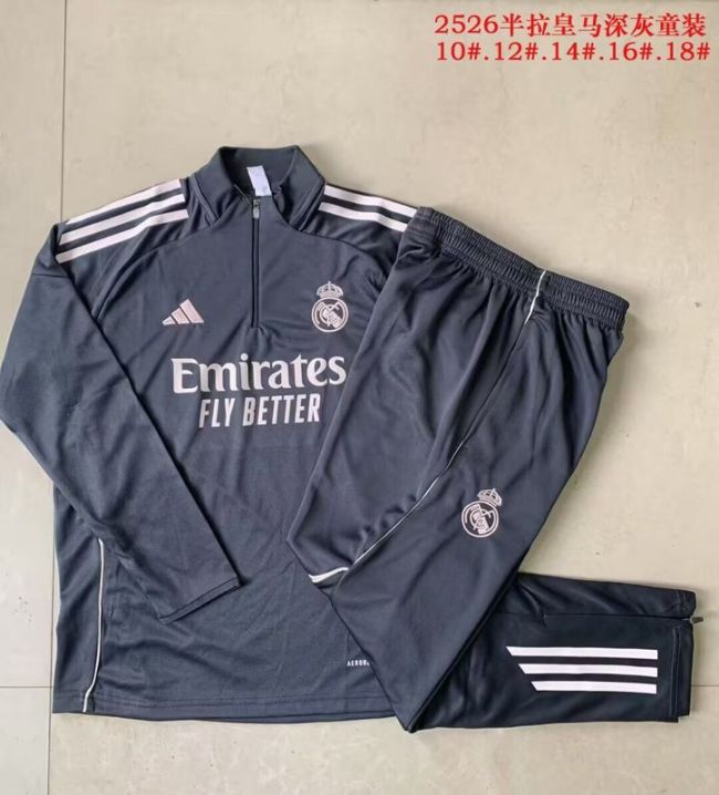 Youth 2025-2026 Real Madrid Dark Blue Soccer Training Sweater and Pants Football Kit