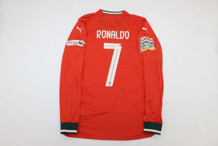 with Front Lettering+UEFA Nations League Patch Long Sleeve Fan Version Portugal 2025 RONALDO 7 Home Soccer Jersey Football Shirt