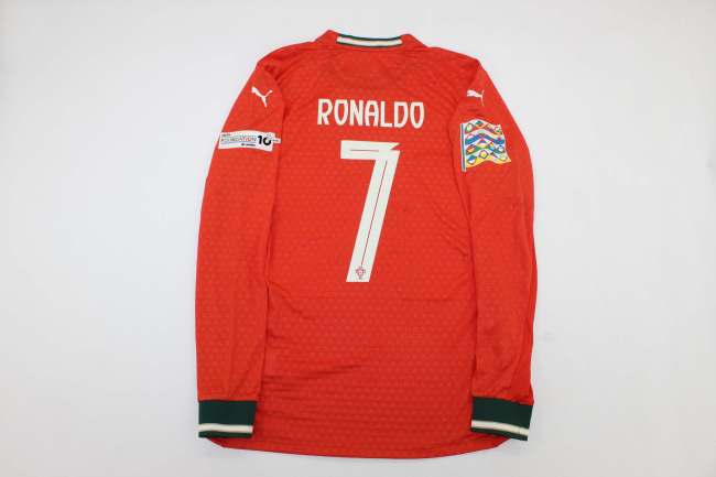 with Front Lettering+UEFA Nations League Patch Long Sleeve Fan Version Portugal 2025 RONALDO 7 Home Soccer Jersey Football Shirt
