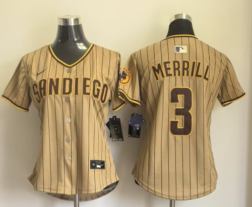Women San Diego Padres 3 MERRILL 2025 Khaki Lady MLB Jersey