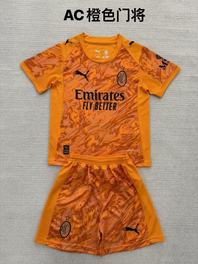 Youth Uniform Kids Kit 2025-2026 AC Milan Orange Goalkeeper Soccer Jersey Shorts Child Football Set