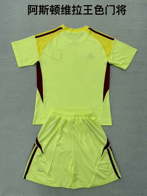 Youth Uniform Kids Kit 2025-2026 Aston Villa Yellow Goalkeeper Soccer Jersey Shorts Child Football Set
