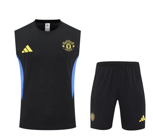 Adult Uniform 2025-2026 Manchester United Black/Blue Soccer Training Vest and Shorts Football Set