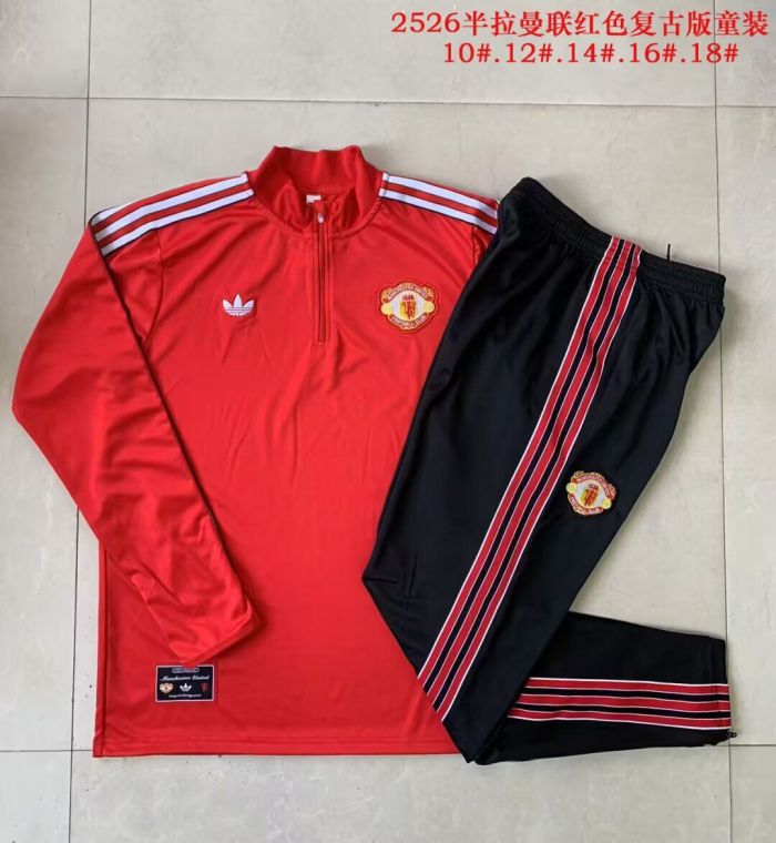 Youth 2025-2026 Manchester United Red Soccer Training Sweater and Pants Football Kit