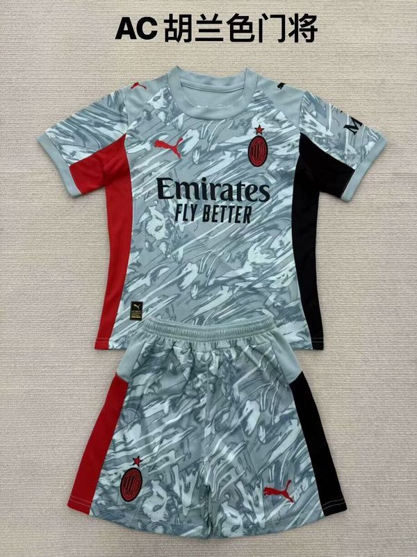Youth Uniform Kids Kit 2025-2026 AC Milan Light Blue Goalkeeper Soccer Jersey Shorts Child Football Set
