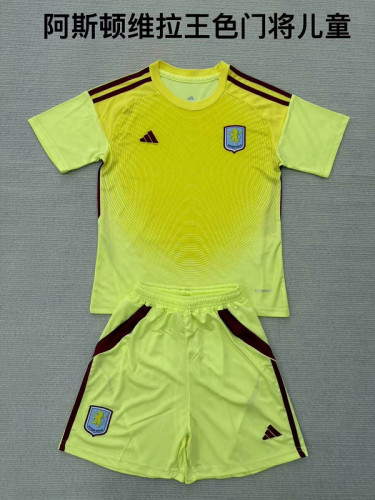 Youth Uniform Kids Kit 2025-2026 Aston Villa Yellow Goalkeeper Soccer Jersey Shorts Child Football Set