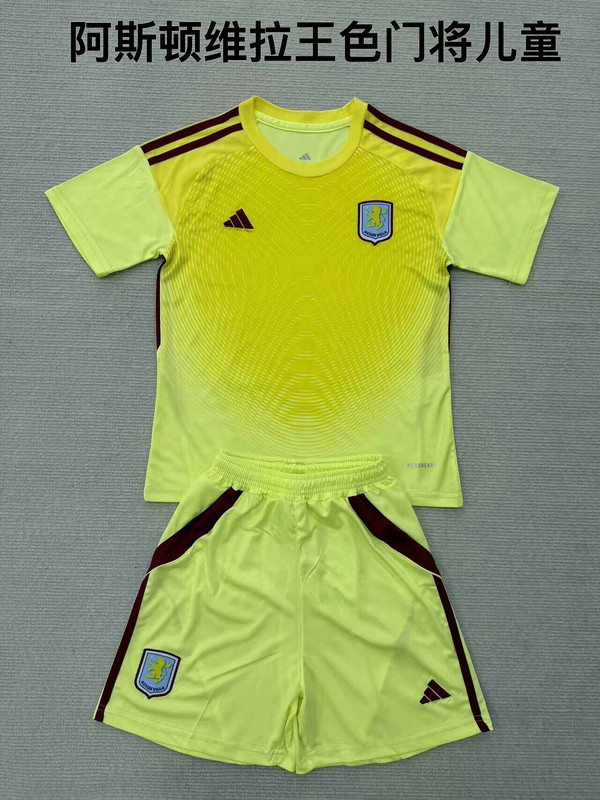 Youth Uniform Kids Kit 2025-2026 Aston Villa Yellow Goalkeeper Soccer Jersey Shorts Child Football Set