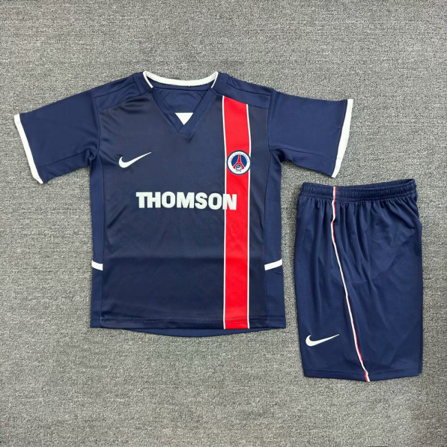 Retro Youth Uniform Kids Kit 2002-2003 PSG Home Soccer Jersey Shorts Vintage Child Football Set