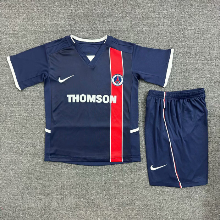 Retro Youth Uniform Kids Kit 2002-2003 PSG Home Soccer Jersey Shorts Vintage Child Football Set