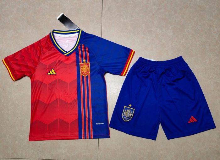 Youth Uniform Kids Kit Spain 2025 Red/Blue Soccer Training Jersey Shorts Child Football Set