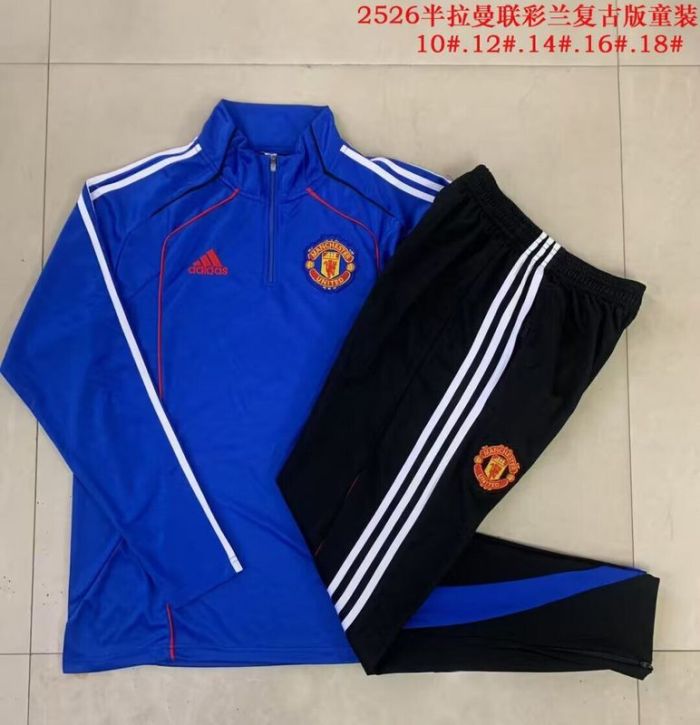Youth 2025-2026 Manchester United Blue Soccer Training Sweater and Pants Football Kit
