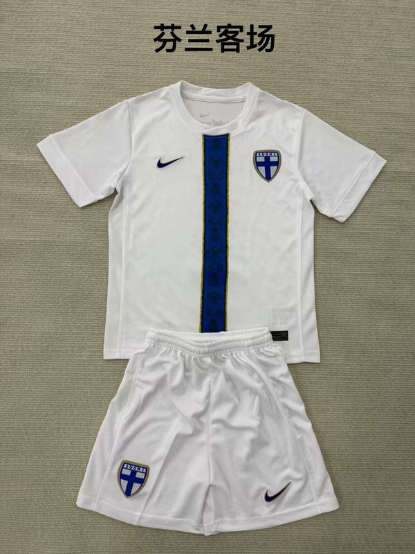 Youth Uniform Kids Kit 2025 Finland Away White Soccer Jersey Shorts Child Football Set
