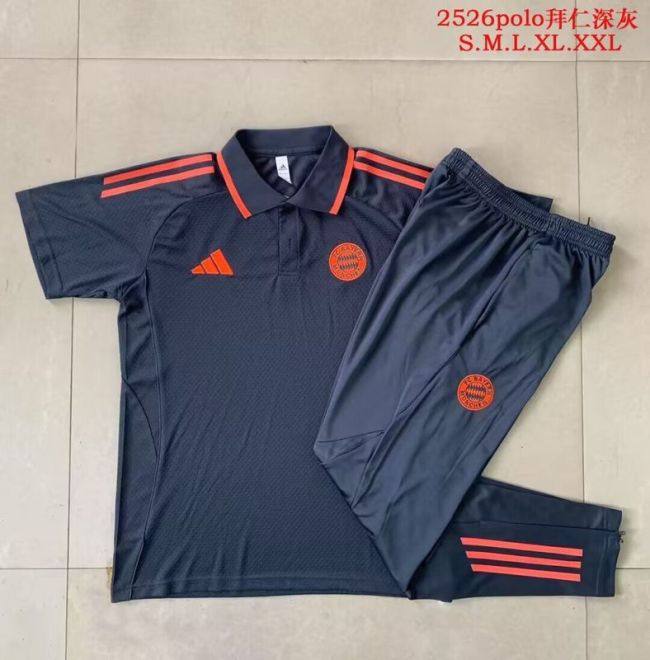 2025-2026 Bayern Munich Dark Grey Soccer Polo and Pants Football Kit