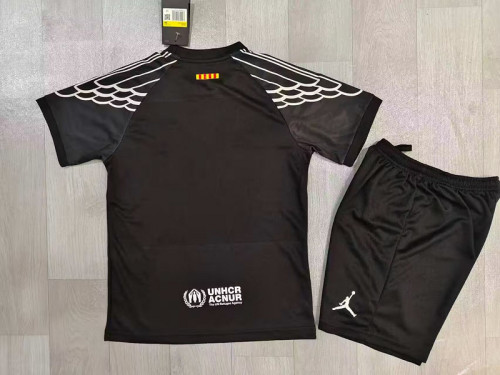 Travis Scott Youth Uniform Kids Kit 2025-2026 Barcelona Black Soccer Jersey Shorts Child Football Set
