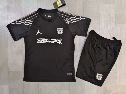 Travis Scott Youth Uniform Kids Kit 2025-2026 Barcelona Black Soccer Jersey Shorts Child Football Set