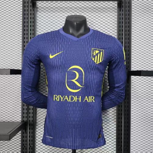 Long Sleeve Player Version 2025-2026 Atletico Madrid Away Blue Soccer Jersey Football Shirt