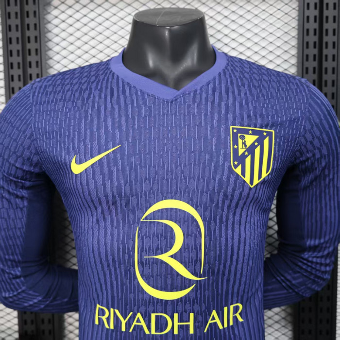 Long Sleeve Player Version 2025-2026 Atletico Madrid Away Blue Soccer Jersey Football Shirt