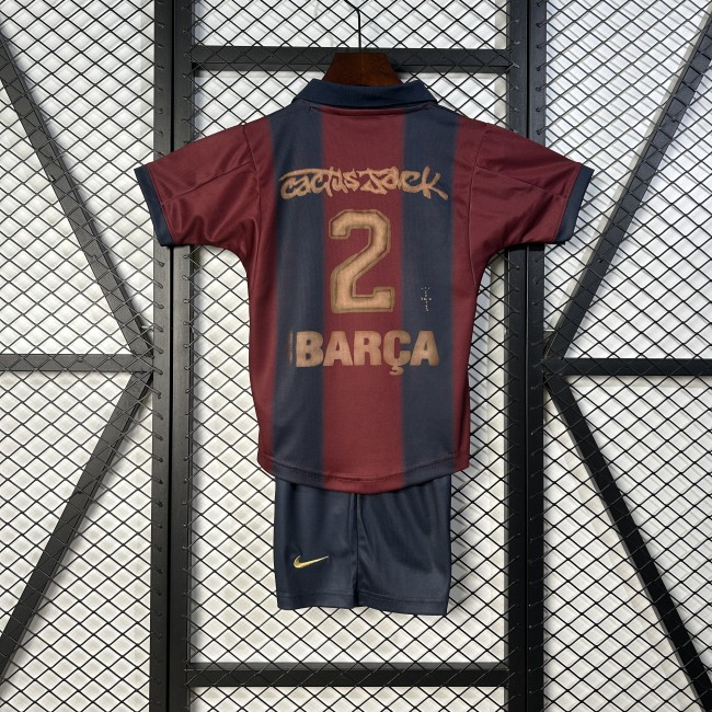Travis Scott Youth Uniform Kids Kit 2025-2026 Barcelona 2 Soccer Jersey Shorts Child Football Set