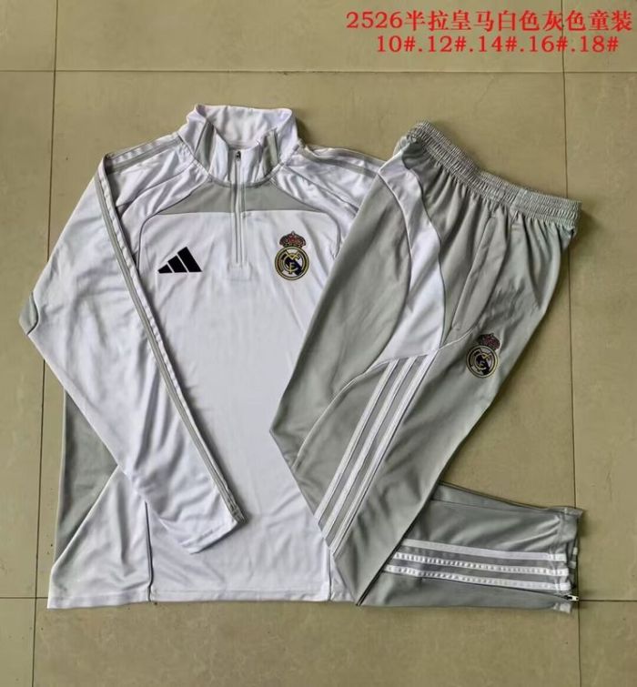 Youth 2025-2026 Real Madrid White/Grey Soccer Training Sweater and Pants Football Kit