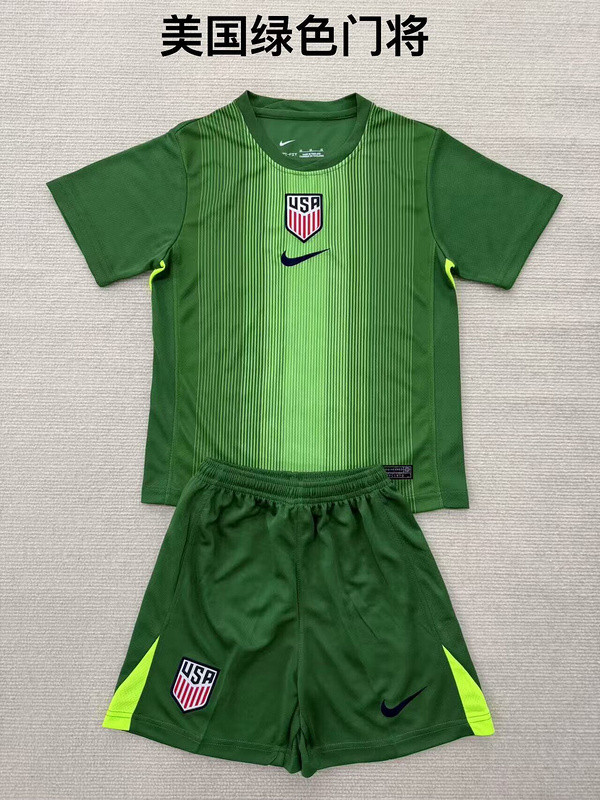Youth Uniform Kids Kit USA 2025 Green Goalkeeper Soccer Jersey Shorts United States Child Football Set