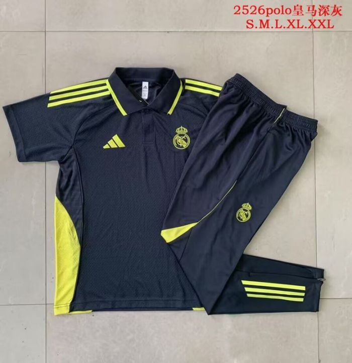 2025-2026 Real Madrid Dark Grey/Yellow Soccer Polo and Pants Football Kit