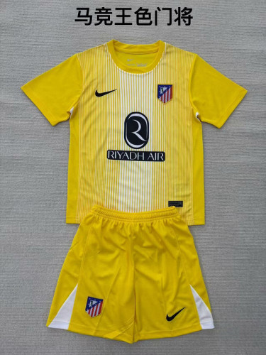 Youth Uniform Kids Kit 2025-2026 Atletico Madrid Yellow Goalkeeper Soccer Jersey Shorts Child Football Set