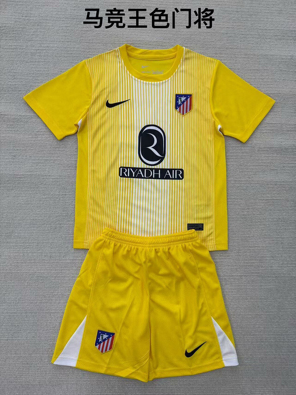 Youth Uniform Kids Kit 2025-2026 Atletico Madrid Yellow Goalkeeper Soccer Jersey Shorts Child Football Set