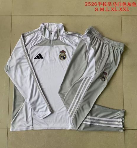 2025-2026 Real Madrid White/Grey Soccer Training Sweater and Pants Football Kit