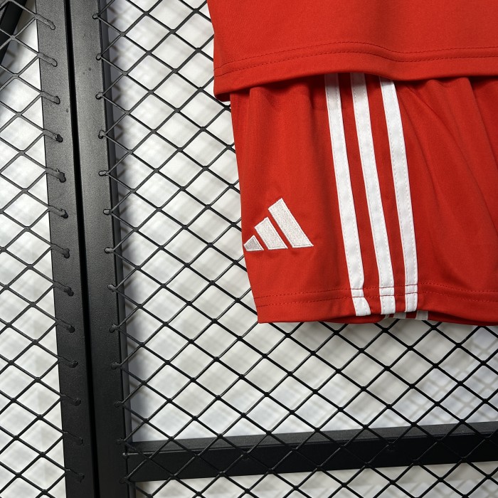Youth Uniform Kids Kit 2025-2026 Bayern Munich Home Soccer Jersey Shorts Red Child Football Set