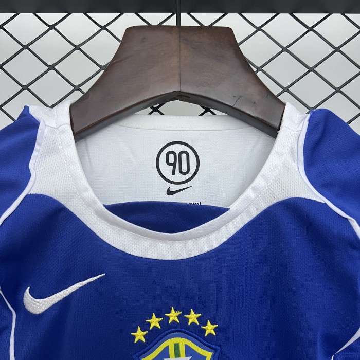 Retro Youth Uniform Kids Kit 2004 Brazil Away Blue Soccer Jersey Shorts Brasil Child Football Set
