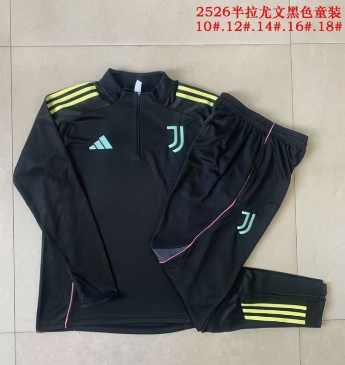 Youth 2025-2026 Juventus Black Soccer Training Sweater and Pants Football Kit