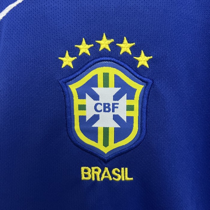 Retro Youth Uniform Kids Kit 2004 Brazil Away Blue Soccer Jersey Shorts Brasil Child Football Set