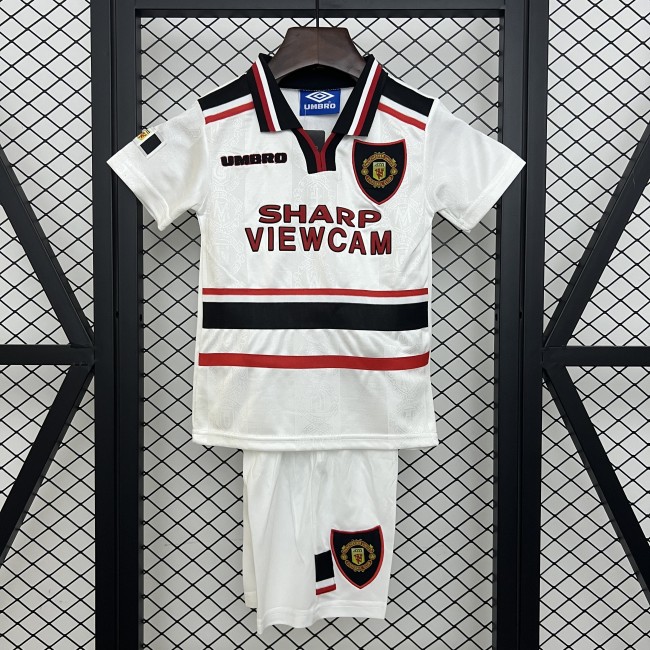 Retro Youth Uniform Kids Kit 1997-1998 Manchester United Away White Soccer Jersey Shorts Vintage Child Football Set