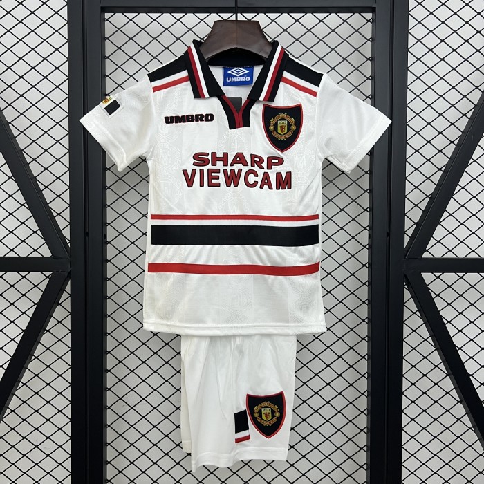 Retro Youth Uniform Kids Kit 1997-1998 Manchester United Away White Soccer Jersey Shorts Vintage Child Football Set