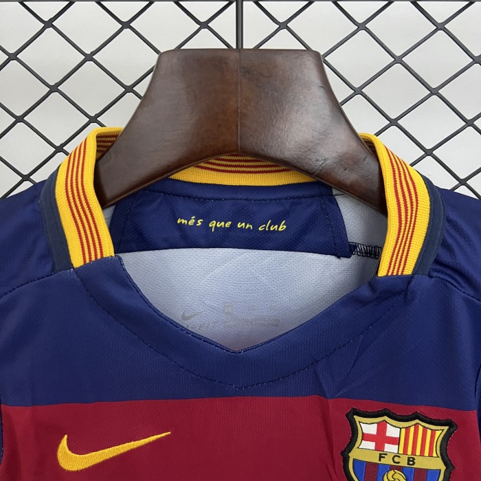 Retro Youth Uniform Kids Kit 2015-2016 Barcelona Home Soccer Jersey Shorts Vintage Child Football Set