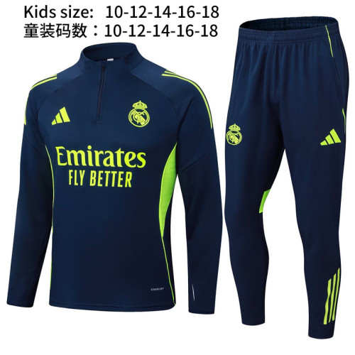 Youth 2025-2026 Real Madrid Dark Blue/Green Soccer Training Sweater and Pants Football Kit