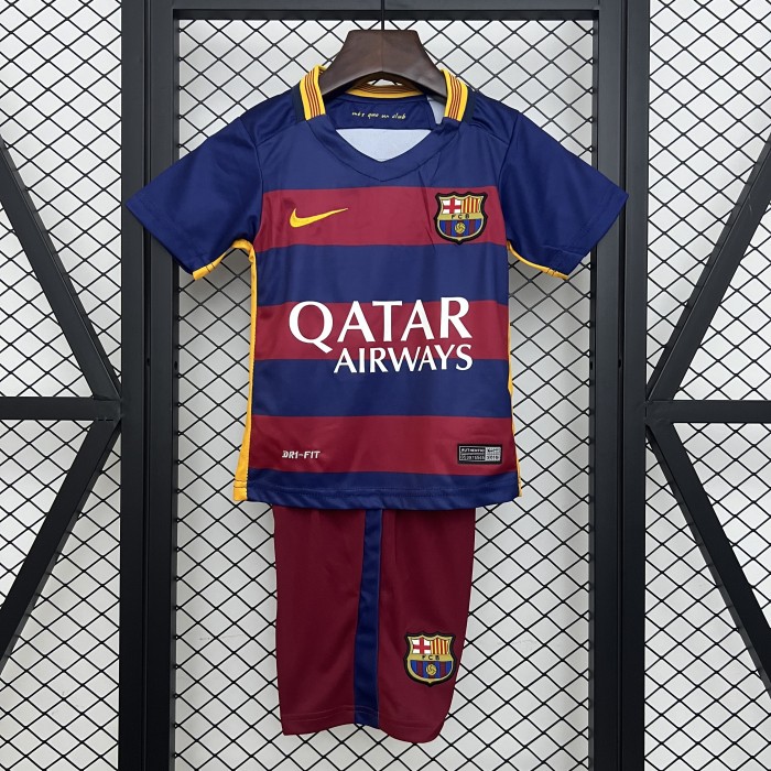 Retro Youth Uniform Kids Kit 2015-2016 Barcelona Home Soccer Jersey Shorts Vintage Child Football Set