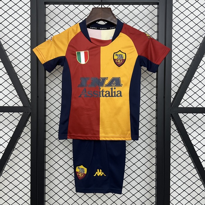 Retro Youth Uniform Kids Kit 2001-2002 As Roma Home Soccer Jersey Shorts Vintage Child Football Set