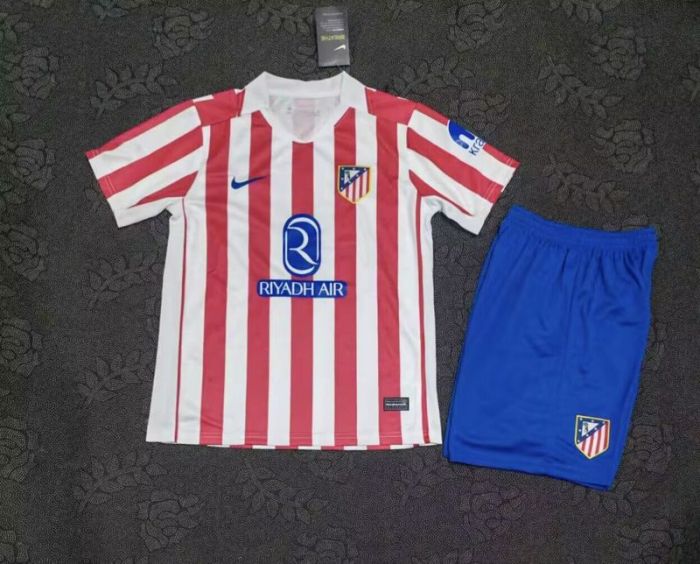 Youth Uniform Kids Kit 2025-2026 Atletico Madrid Home Soccer Jersey Shorts Child Football Set