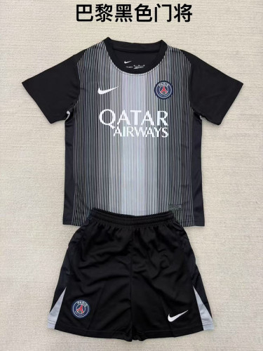 Youth Uniform Kids Kit PSG 2025-2026 Black/Grey Goalkeeper Soccer Jersey Shorts Paris Child Football Set