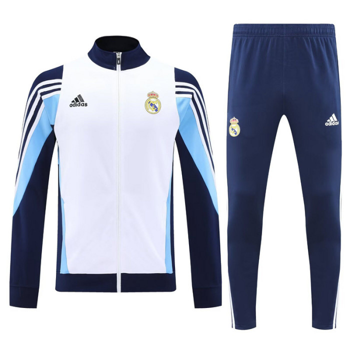 Retro Model 2025-2026 Real Madrid White/Dark Blue Soccer Training Jacket and Pants Football Tracksuit